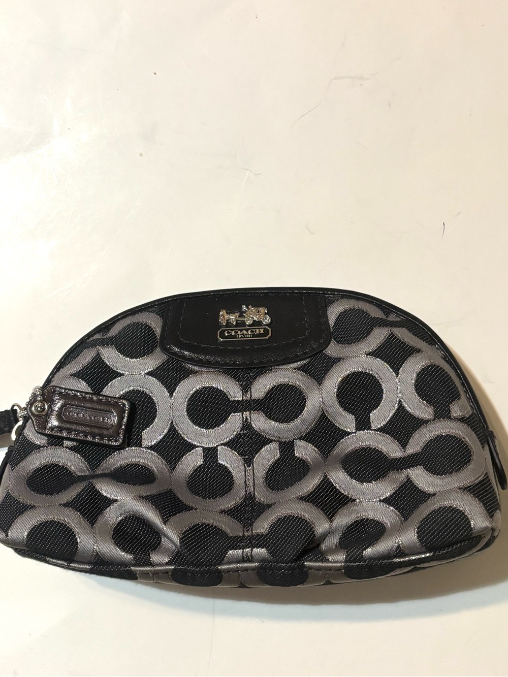 Coach Black and Silver Signature C Cosmetic Pouch with Leather Tag